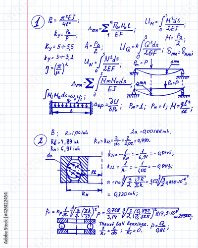 Retro vector background with physics formulas, equations outlines on notebook page. College notation. Educational and scientific vintage background.