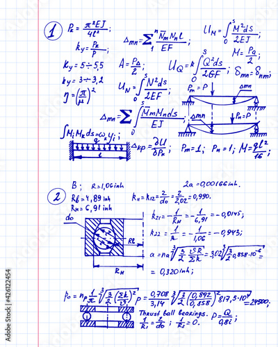 Retro vector background with physics formulas  equations outlines on notebook page. College notation. Educational and scientific vintage background.