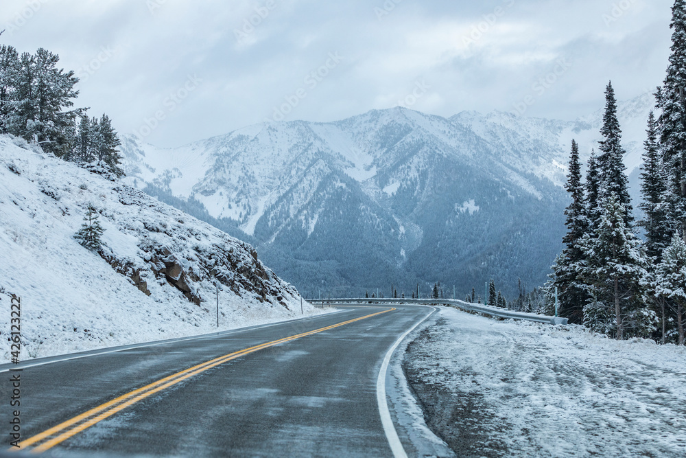 United States, Idaho, Sun Valley, Road in mountains in winter United States, Idaho, Sun Valley, Road in mountains in winter
