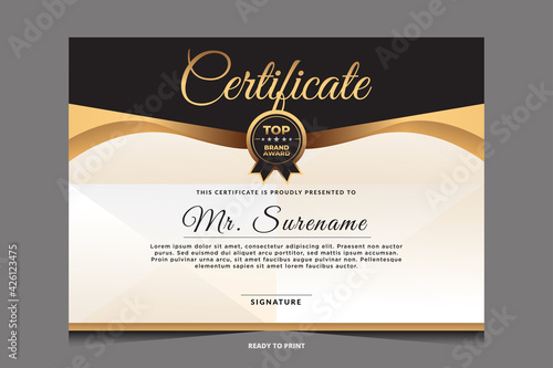 Certificate of appreciation template, gold and blue color. Clean modern certificate with gold badge. 