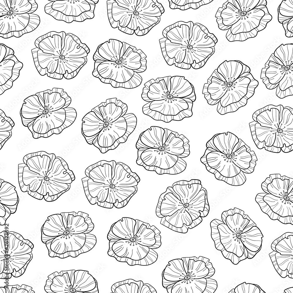 Seamless floral pattern with transparent flowers. Black ink lines on white background. Botanical hand drawn background. Monochrome texture for wallpaper, banner Seamless floral pattern with transparent flowers. Black ink lines on white background. Botanical hand drawn background. Monochrome texture for wallpaper, banner