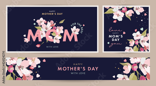 Mother's day design Set in modern art style. Abstract background with hand drawn spring flowers in pastel colors and trendy typography on dark blue. Mothers day templates for card, cover, web banner photo