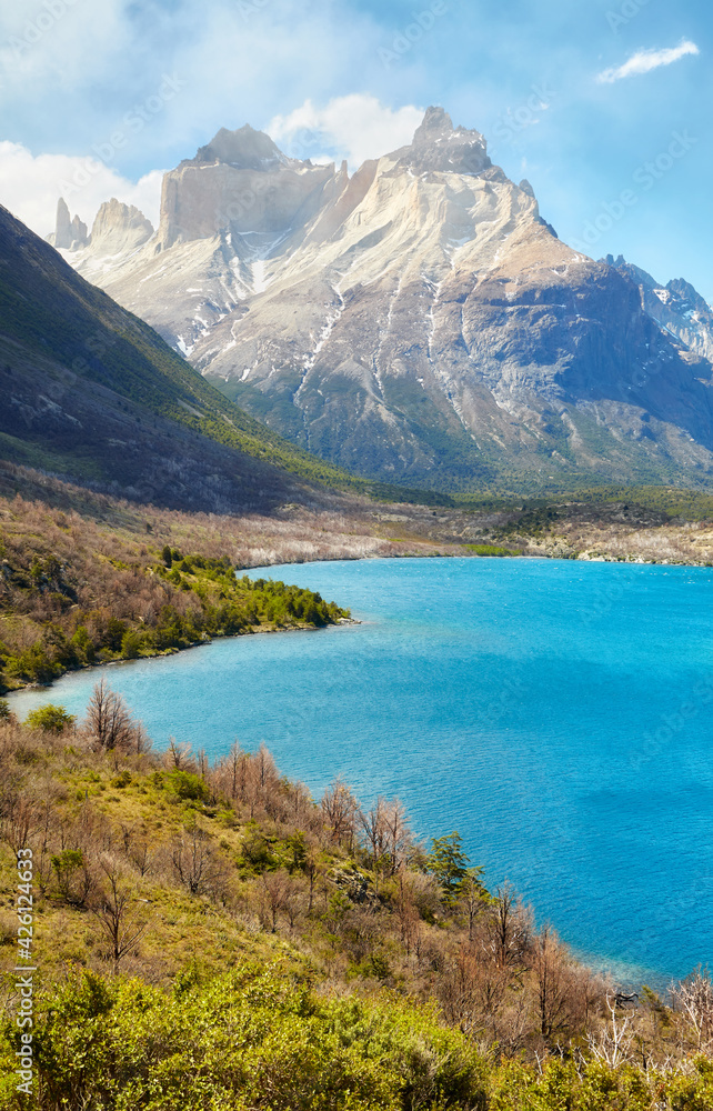 Lake Pehoe and Cuernos in Torres Del Paine National Park, Chile.