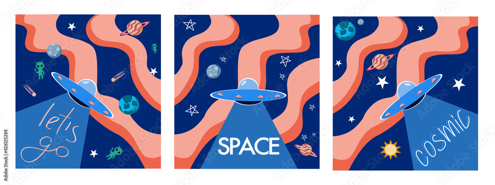 A set of space banners with a flying saucer and text. Outer space and planets.
