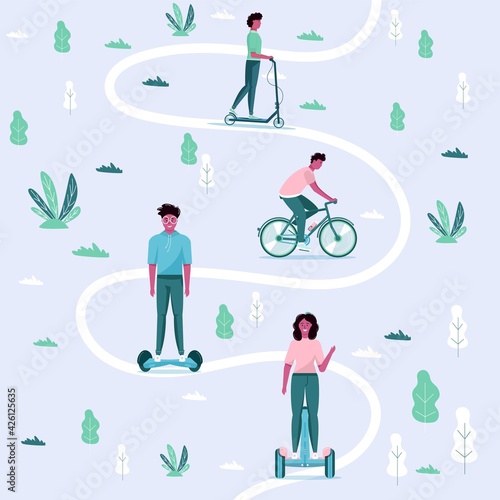 Men and women drive eco city transportation in public park. Personal electric transport, green electro scooter, hoverboard,  gyroscooter, unicycle and bike. Ecological vehicle, city life concept