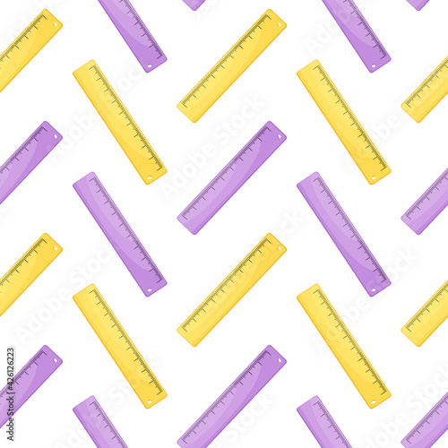 Colored rulers seamless pattern. Vector isolated on white background. School supplies texture in cartoon style. Delta and purple rulers
