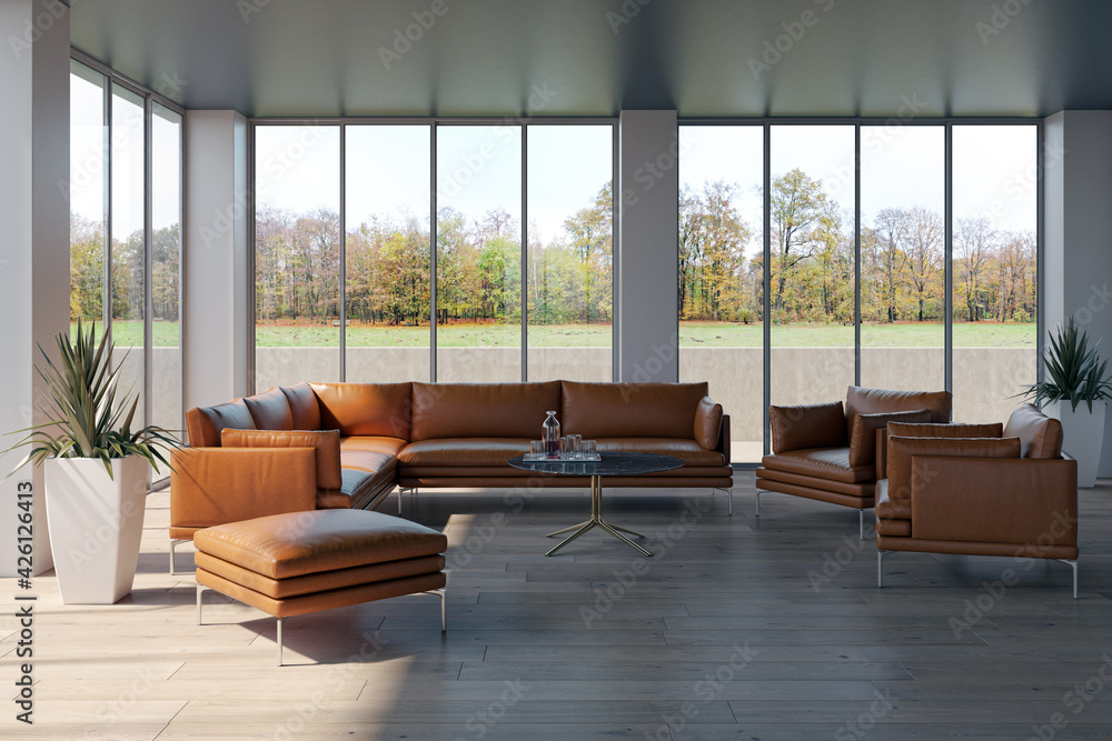 Fototapeta premium Illustration 3D rendering large luxury modern bright interiors Living room mockup computer digitally generated image