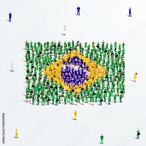 Brazil Flag. A large group of people form to create the shape of the Brazilian flag. Vector Illustration.