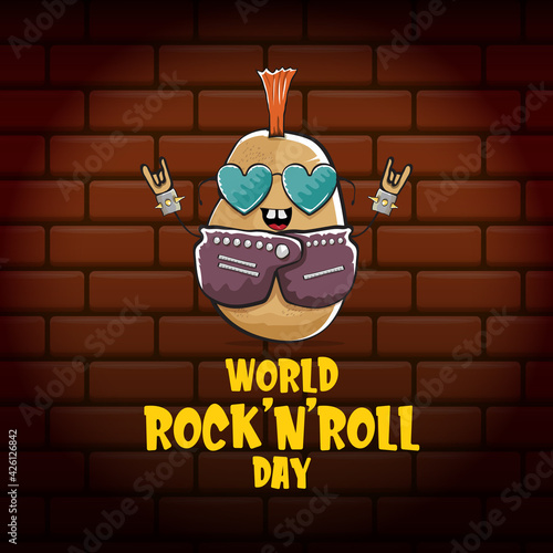 World rock n roll day poster with potato cartoon character isolated on brick wall background. Rock n roll day poster design template