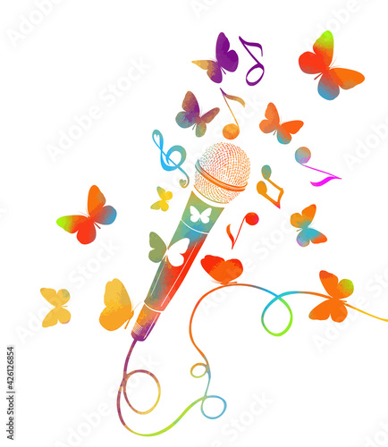 Multicolored microphone with butterflies and notes. Cartoon vector icon isolated on white background mic. Vector illustration