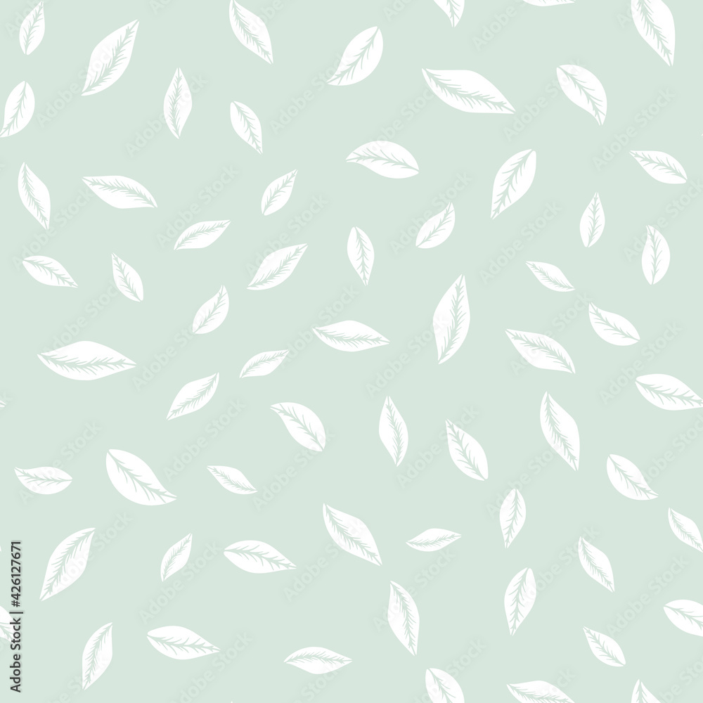 Vector seamless pattern with white hand drawn simple leaves on cute blue background. Vector seamless pattern with white hand drawn simple leaves on cute blue background.