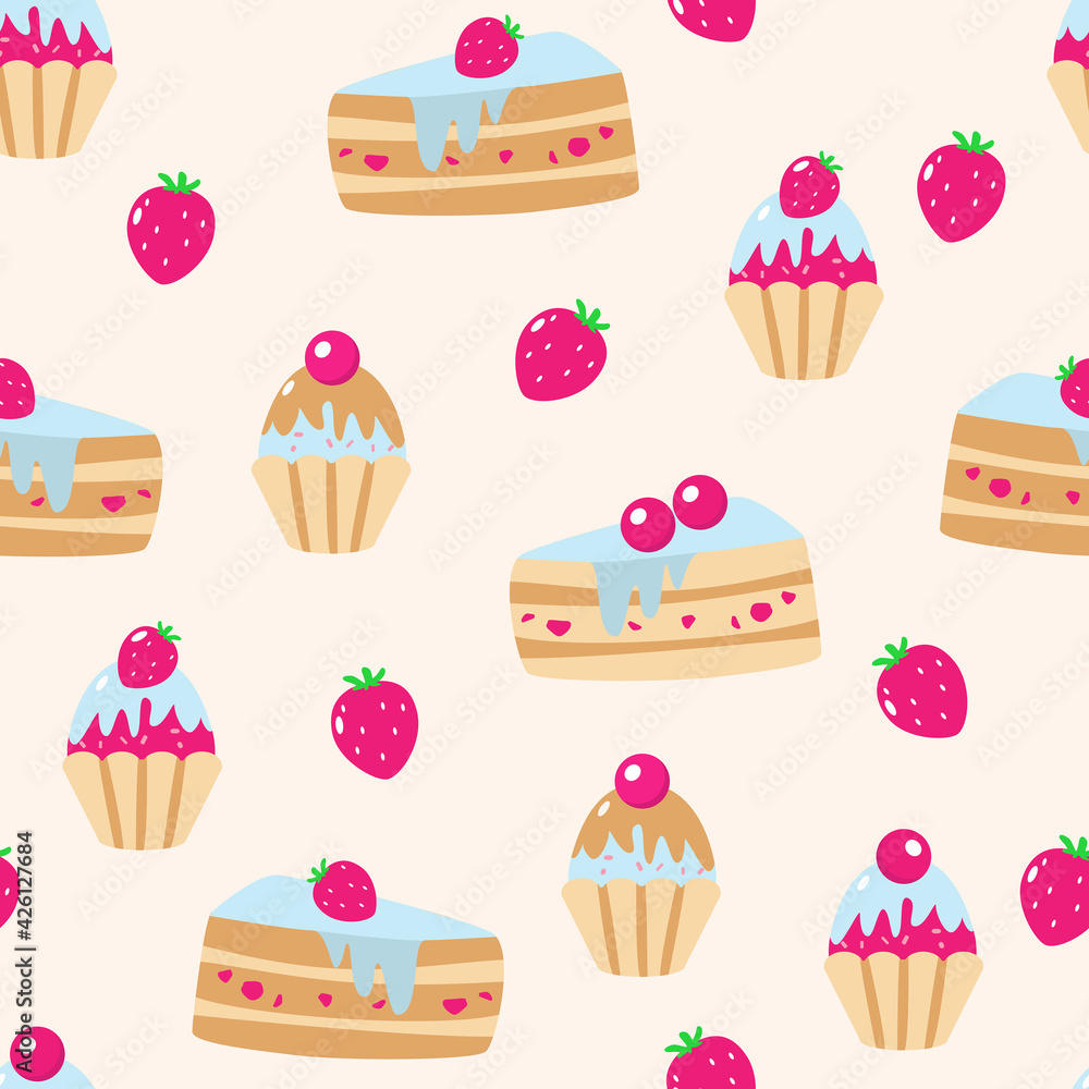 Muffins under raspberry and strawberry icing with cherries and strawberries, pieces of cake under blue cream on a pink background. Seamless pattern in children's cartoon style. Muffins under raspberry and strawberry icing with cherries and strawberries, pieces of cake under blue cream on a pink background. Seamless pattern in children's cartoon style.
