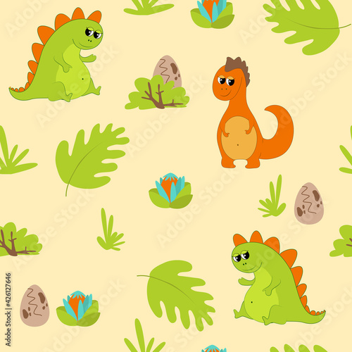 Smiling kind and cheerful green and orange dinosaurs on a sandy background with an egg  flowers  ancient prehistoric plants. Seamless pattern for textile  wrapping paper.