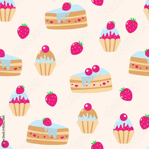 Muffins under raspberry and strawberry icing with cherries and strawberries  pieces of cake under blue cream on a pink background. Seamless pattern in children s cartoon style.