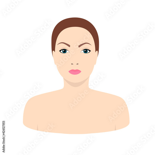 The face of a woman or a young girl close up. Head, neck and naked shoulders of a European woman isolated on white background in flat style.
