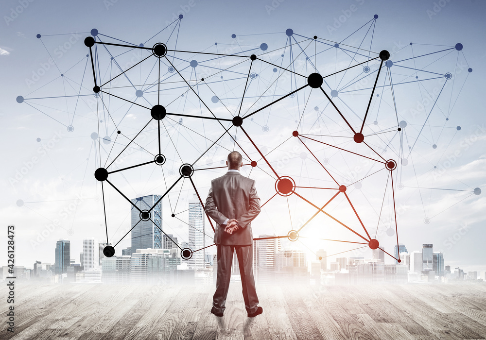 International business networking and social connection against modern city background International business networking and social connection against modern city background