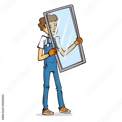 Plastic windows install and repair service. Installer worker in uniform with tools holding a new glass frame. Master installing and fixing windows in apartment.