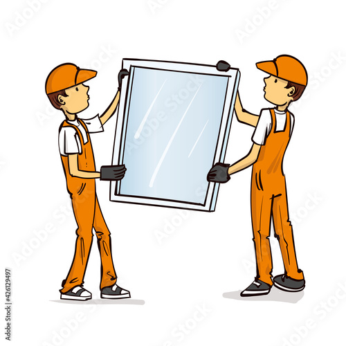 Plastic windows install and repair service. Installer worker in uniform with tools holding a new glass frame. Master installing and fixing windows in apartment.