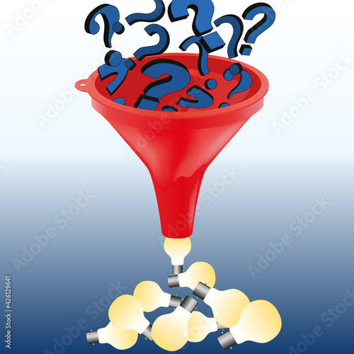 Concept de la solution pour répondre à un problème avec comme symbole des points d’interrogations qui se transforment en idée en passant au travers un entonnoir.