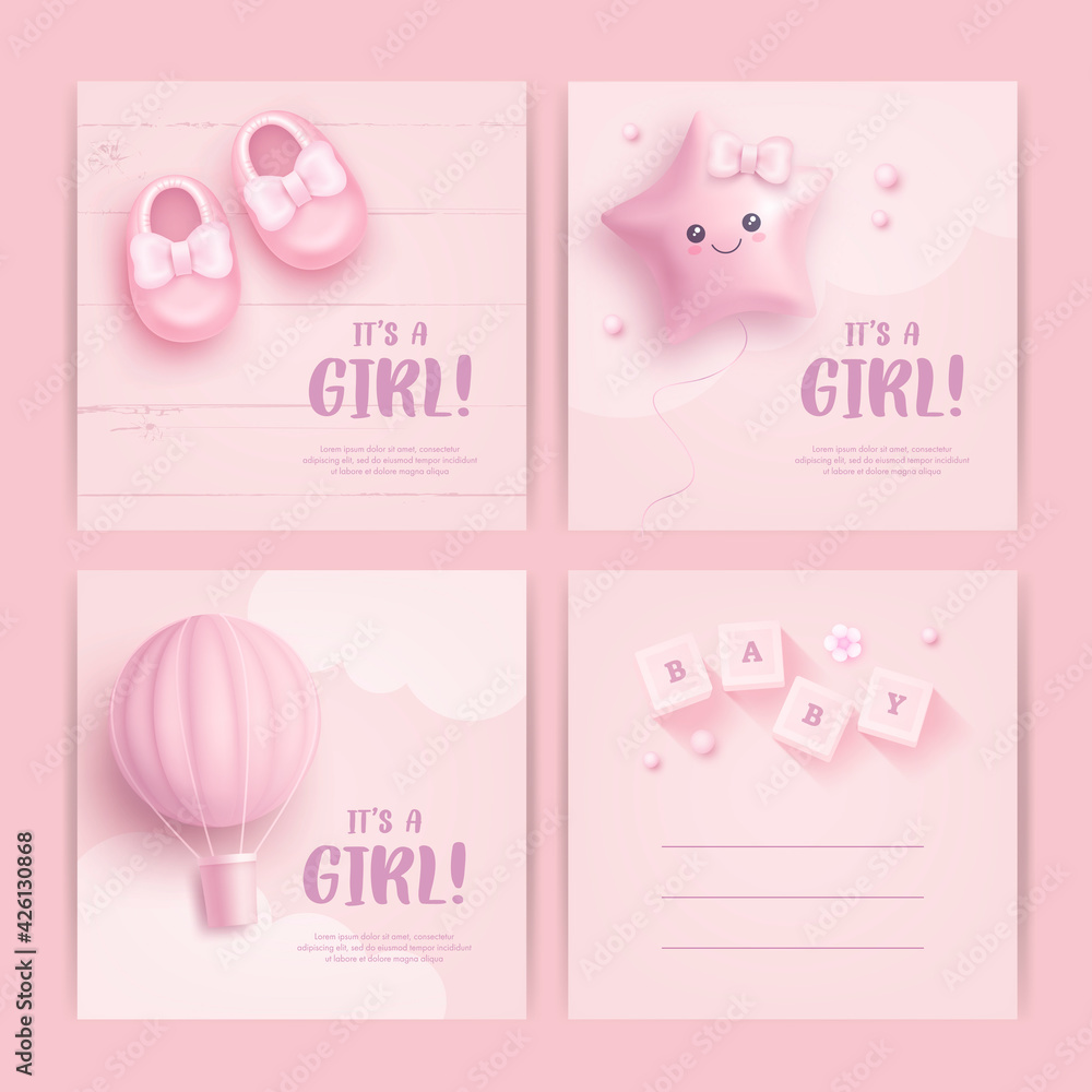 Set of baby shower invitation with cartoon air balloon, shoes, toys and flowers on pink background. It's a girl. Greeting card. Vector illustration