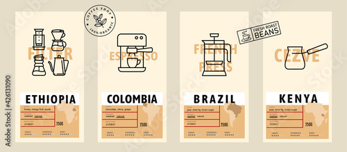 Coffee package with text and line icons. Paper packaging label. Design template.