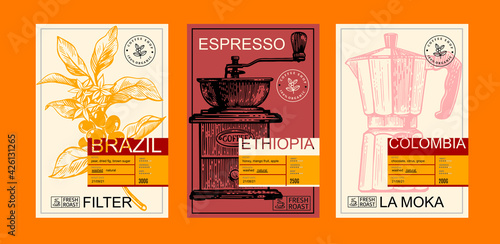 Packaging design for coffee. Sketch drawing art for packaging label 