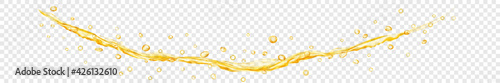 Translucent water jet with drops in yellow colors, isolated on transparent background. Transparency only in vector file