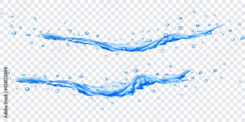 Translucent water jets with drops in light blue colors, isolated on transparent background. Transparency only in vector file