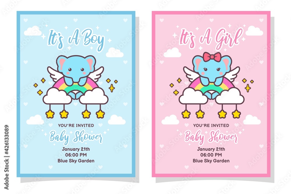 Cute Baby Shower Boy And Girl Invitation Card With Elephant, Cloud, Rainbow, And Stars Cute Baby Shower Boy And Girl Invitation Card With Elephant, Cloud, Rainbow, And Stars