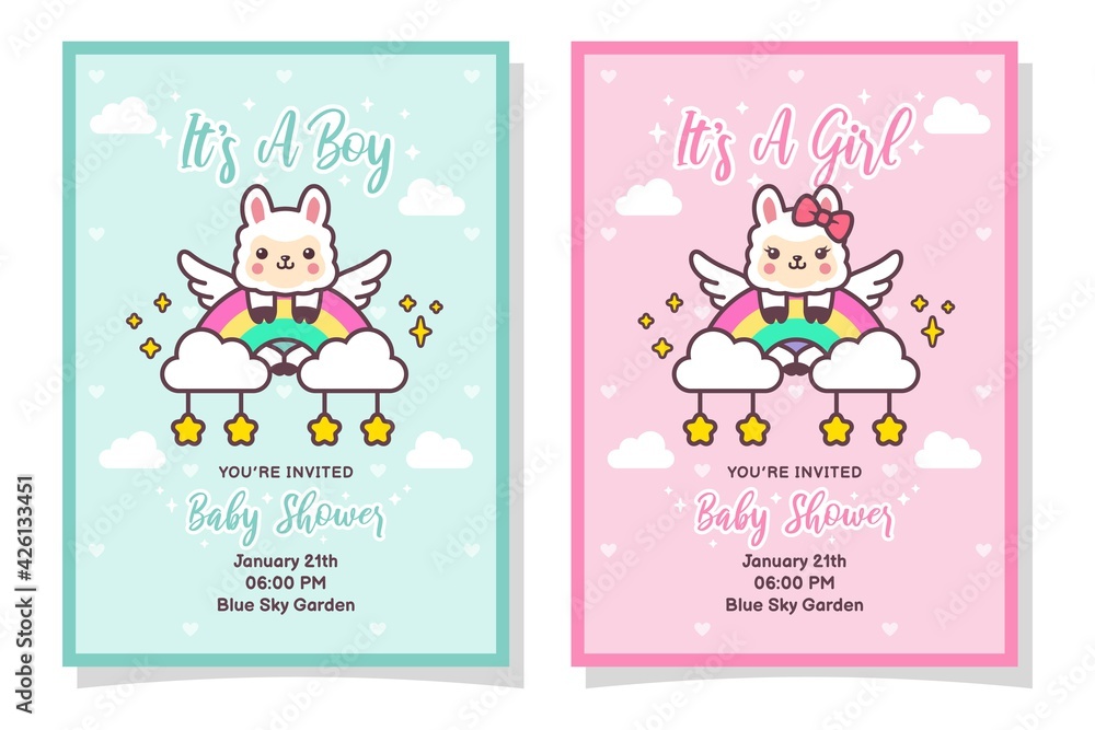 Cute Baby Shower Boy And Girl Invitation Card With Llama, Cloud, Rainbow, And Stars Cute Baby Shower Boy And Girl Invitation Card With Llama, Cloud, Rainbow, And Stars