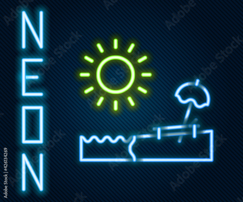 Glowing neon line Beach with umbrella and chair icon isolated on black background. Tropical beach landscape. Good sunny day. Colorful outline concept. Vector Illustration