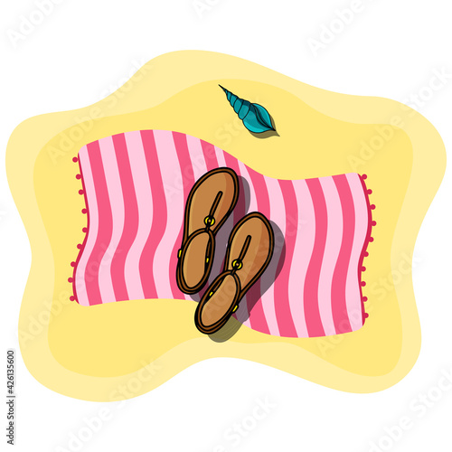 Vector illustration of beach pink towel laying on the sand with women shoes sandals and seashell on top of it. Sandy beach. Summer accessories
