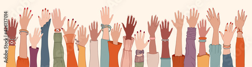 Group raised human arms and hands.Diversity multiethnic people.Racial equality.Men and women of diverse culture Coexistence harmony.Multicultural community integration.Males and females