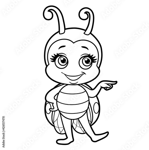 Cute cartoon little ladybug pointed aside outline for coloring page isolated on white background