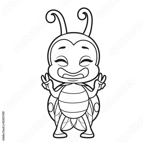 Cute happy cartoon little ladybug stand  and shows victory sign outline for coloring page isolated on white background