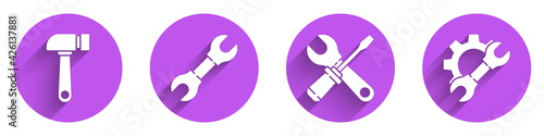 Set Hammer, Wrench spanner, Screwdriver and wrench spanner and Wrench spanner and gear icon with long shadow. Vector