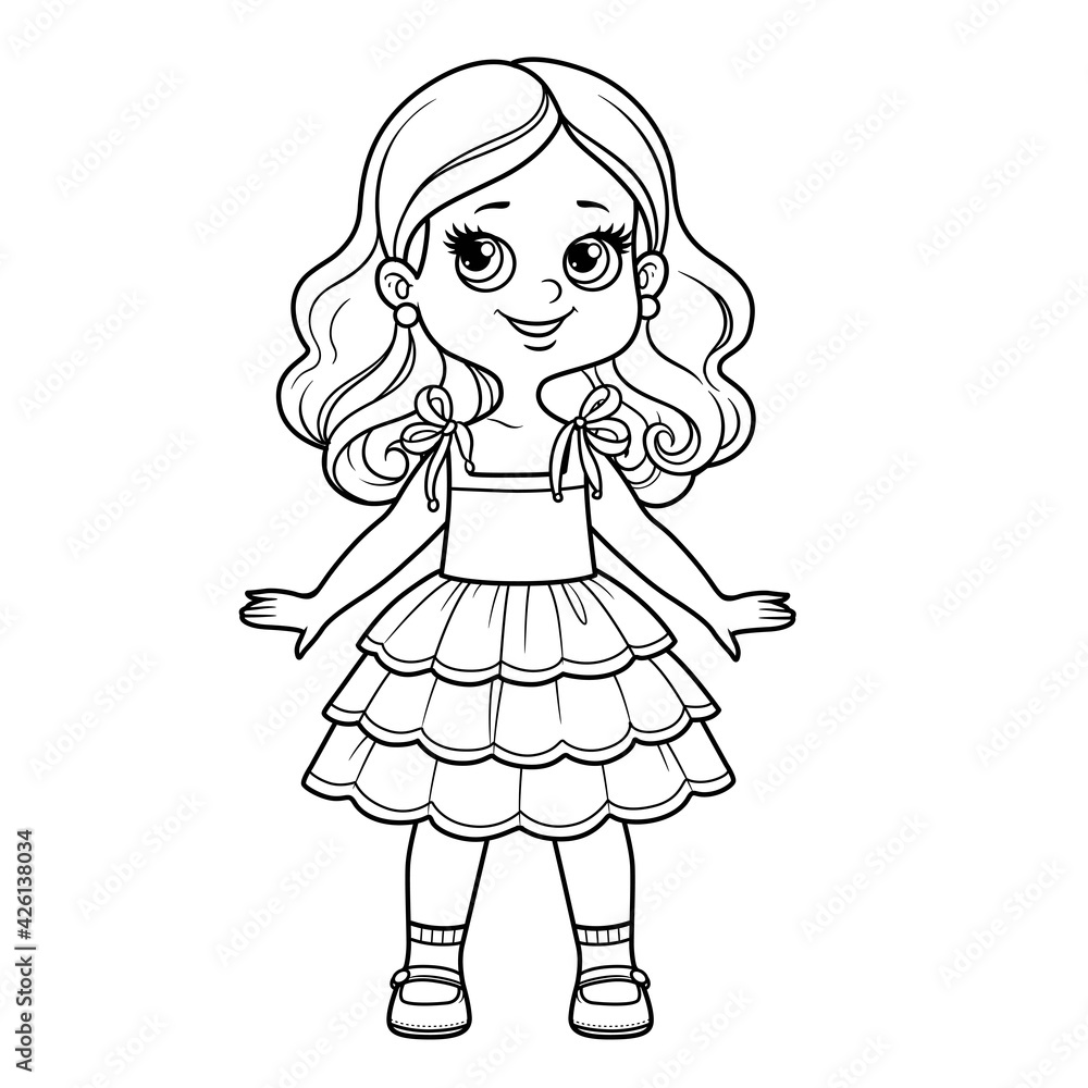 Cute cartoon girl in summer sundress with ties outline for coloring on a white background Cute cartoon girl in summer sundress with ties outline for coloring on a white background