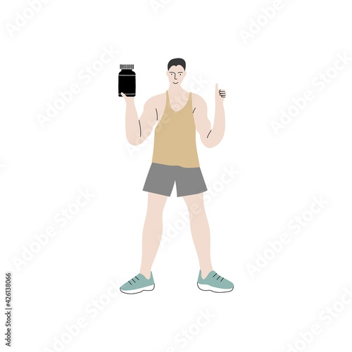 Vector hand drawn color illustration isolated on white background. Muscular strong fitness man with thumb up and bank of nutrition sport protein supplements