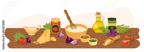 Homemade sauces and dressings. Vegetable at wooden kitchen table. Horizontal vector colored hand-drawn illustration for recipe book, restaurant menu, magazine page.