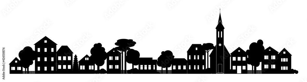 Small Town silhouette cutout skyline with chapel houses trees black and white