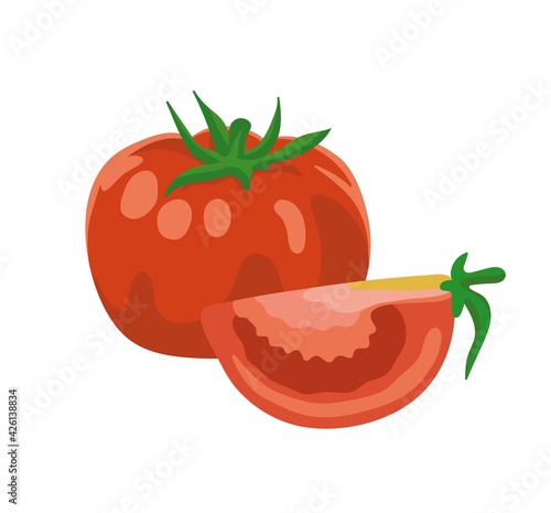 Ripe red tomato sliced ​​and whole. Simple hand-drawn colored icon of fresh vegetable. Vector illustration isolated on white background.