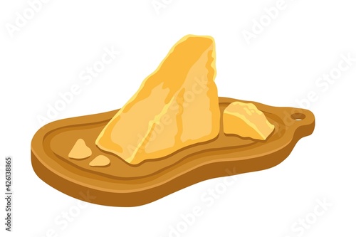 Piece of parmesan on cutting board. Parmigiano reggiano cheese on wooden plate. Hand-drawn vector illustration, isolated on white background.