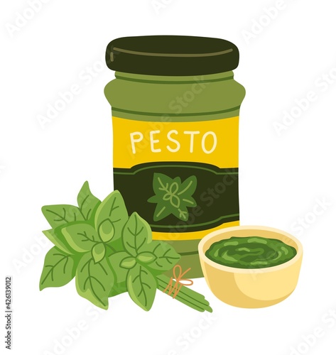 Pesto sauce glass jar with basil sprig. Classic italian green dressing in the bowl. Simple hand-drawn vector illustration, isolated on white background.