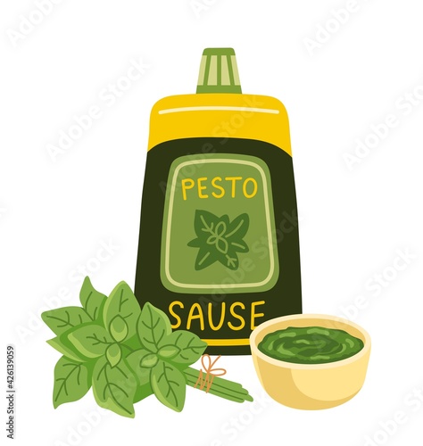Pesto sauce with basil sprig. Classic italian green dressing in the bowl. Simple hand-drawn vector illustration, isolated on white background.