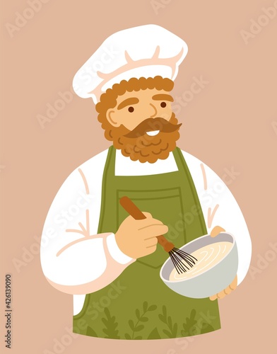 Smiling italian chef in green apron mixing ingredients preparing sauce. Man cooking homemade dressings. Vector hand-drawn cartoon flat illustration.