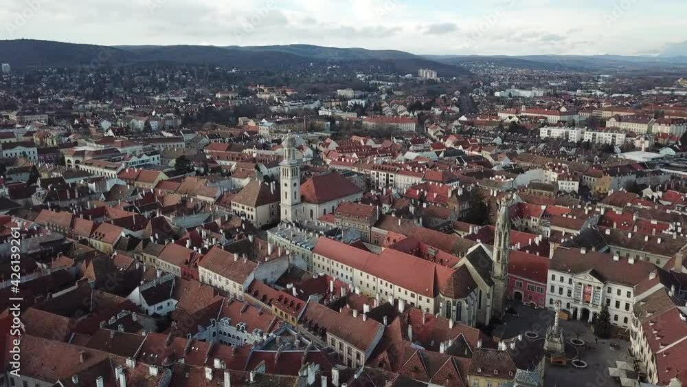 Cinematic aerial drone clip of the charming quaint historical inner city, downtown of Sopron, a major tourist destination in Győr-Moson-Sopron County, Western Transdanubia in Northwestern Hungary Cinematic aerial drone clip of the charming quaint historical inner city, downtown of Sopron, a major tourist destination in Győr-Moson-Sopron County, Western Transdanubia in Northwestern Hungary