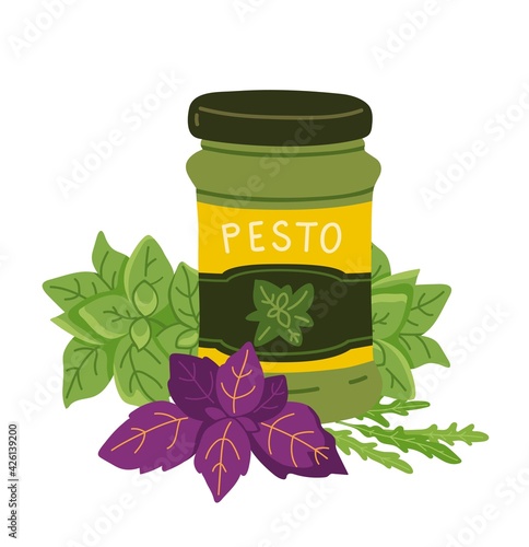 Pesto sauce glass jar with wild basil sprig and other herbs. Classic italian green dressing, dip. Simple hand-drawn vector illustration, isolated on white background.