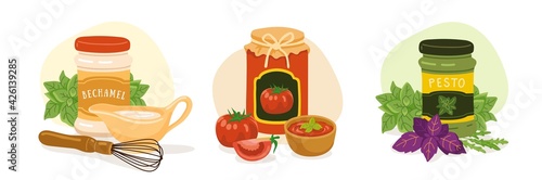 White sauce, bechamel, green pesto, tomato sauce. French and italian classic dressings, gravies. Compositions with vegetables, herbs, seasonings. Hand-drawn vector illustration.