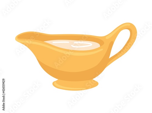 White sauce bechamel in a gravy boat. Classic french dressing. Creamy Cheese Sauce. Hand-drawn vector illustration, isolated on white background.