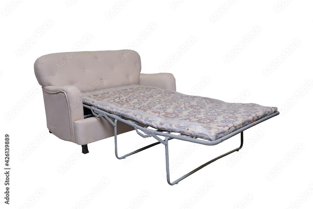 modern grey fabric sofa with extended mattress for sleeping isolated on white modern grey fabric sofa with extended mattress for sleeping isolated on white